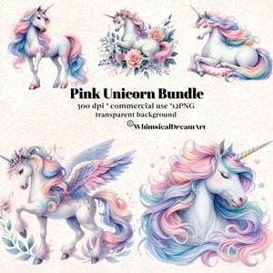 12 Clipart collection aquarelle mignon licorne pastel, clipart fleurs de printemps, licornes roses aquarelles PNG art mural, magie, bébé animal