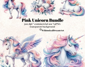 May include: A digital clipart bundle of four pink unicorns with rainbow manes and tails. The unicorns are in various poses, including standing, sitting, and flying. The background is transparent.