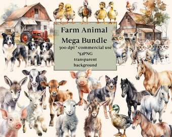 May include: A watercolor illustration of a farm animal mega bundle with 52 PNG images. The illustration features a variety of farm animals, including a pig, a cow, a sheep, a goat, a donkey, a horse, a duck, a cat, a dog, and a rooster. The animals are all depicted in a cute and whimsical style. The illustration is perfect for use in a variety of creative projects, such as scrapbooking, card making, and digital design.