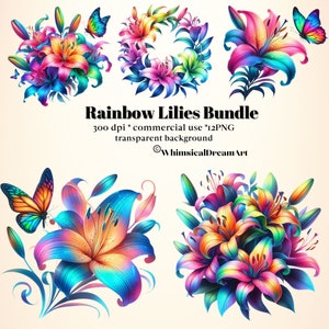 12 cliparts aquarelle Rainbow Lillies Collection, fleurs d'été PNG, fleur de lys de printemps, PNG tropical lumineux, licence commerciale