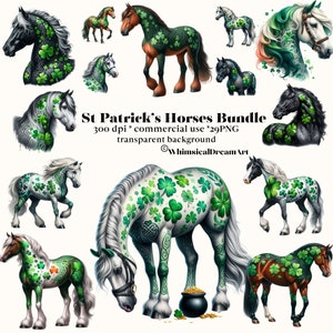 29 Paquete de imágenes prediseñadas de caballos de San Patricio de acuarela, imágenes prediseñadas de flores de jardín, imágenes prediseñadas de primavera, día de San Patricio imprimible, artesanías, trébol de 4 hojas