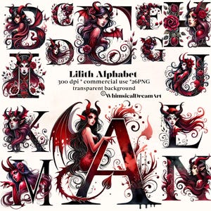Lilith Clipart Dekorative Buchstaben, Großbuchstaben Alphabet Set, Clipart Png Sublimation Personalisierungskarten, Witchy, Dämon, Horror, Rot, Magie