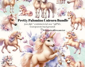 May include: A digital clipart bundle of ten palomino unicorn illustrations with floral crowns and a light blue background. The text "Pretty Palomino Unicorn Bundle" and "300 dpi * commercial use * 35PNG transparent background" is included in the image. The copyright symbol and "WhimsicalDreamArt" are also included in the image.