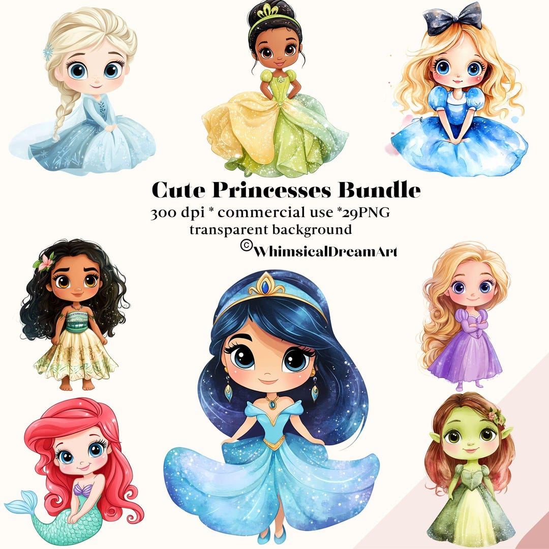 29 Cute Princess Watercolor Clipart, Little Princess Bundle, PNG ...
