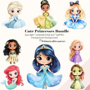 29 Clipart acquerello di principessa carina, pacchetto di piccole principesse, PNG, castello delle fiabe, uso commerciale, bambina, rosa, scarpe, corona
