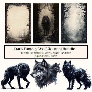 May include: A digital paper pack featuring dark fantasy wolf illustrations. The pack includes 14 pages of digital paper and 14 clipart images. The paper is 300 dpi and is for commercial use. The paper is 5.3 inches by 8.3 inches.