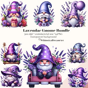 24 Lavendel Zwerge PNG Bundle Sammlung, Gartenzwerg Sublimation Download, Hummel, Blumen Zwerge, kommerzielle Nutzung, Fantasie Blumen