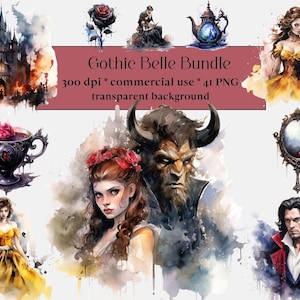 41 PNG aquarelle gothique La belle et la bête Clipart, aquarelle Belle, princesse de conte de fées imprimable, clipart livre de contes, image Dark Fantasy