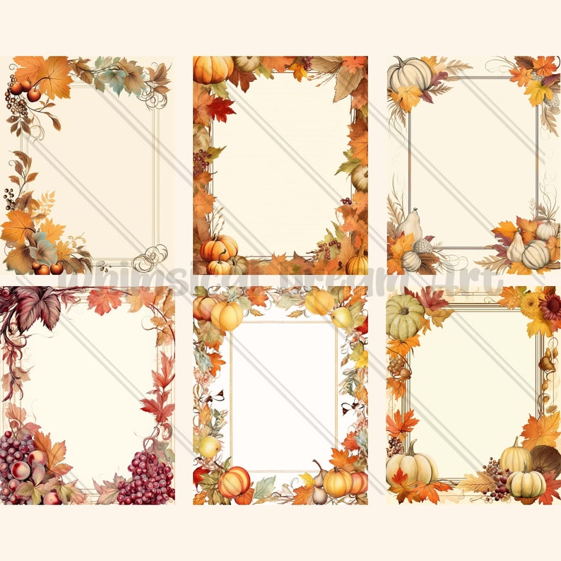 K&ouml;nnte beinhalten: Sechs druckbare Herbst-Rahmen mit Herbstbl&auml;ttern, K&uuml;rbissen, K&uuml;rbissen und Trauben. Die Rahmen sind perfekt, um Ihren Bastelarbeiten, Karten und Einladungen einen Hauch von Herbst zu verleihen.