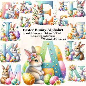 Clipart di coniglietti pasquali con lettere decorative, set di lettere maiuscole, clipart in formato Png, biglietti di personalizzazione con sublimazione, tazze artistiche, inviti per bambini.