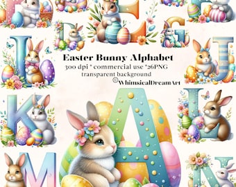 Easter Bunny Clipart Decorative Letters, Uppercase Alphabet Set, Clipart Png Sublimation Personalization Cards Art Mugs Kids Invitations