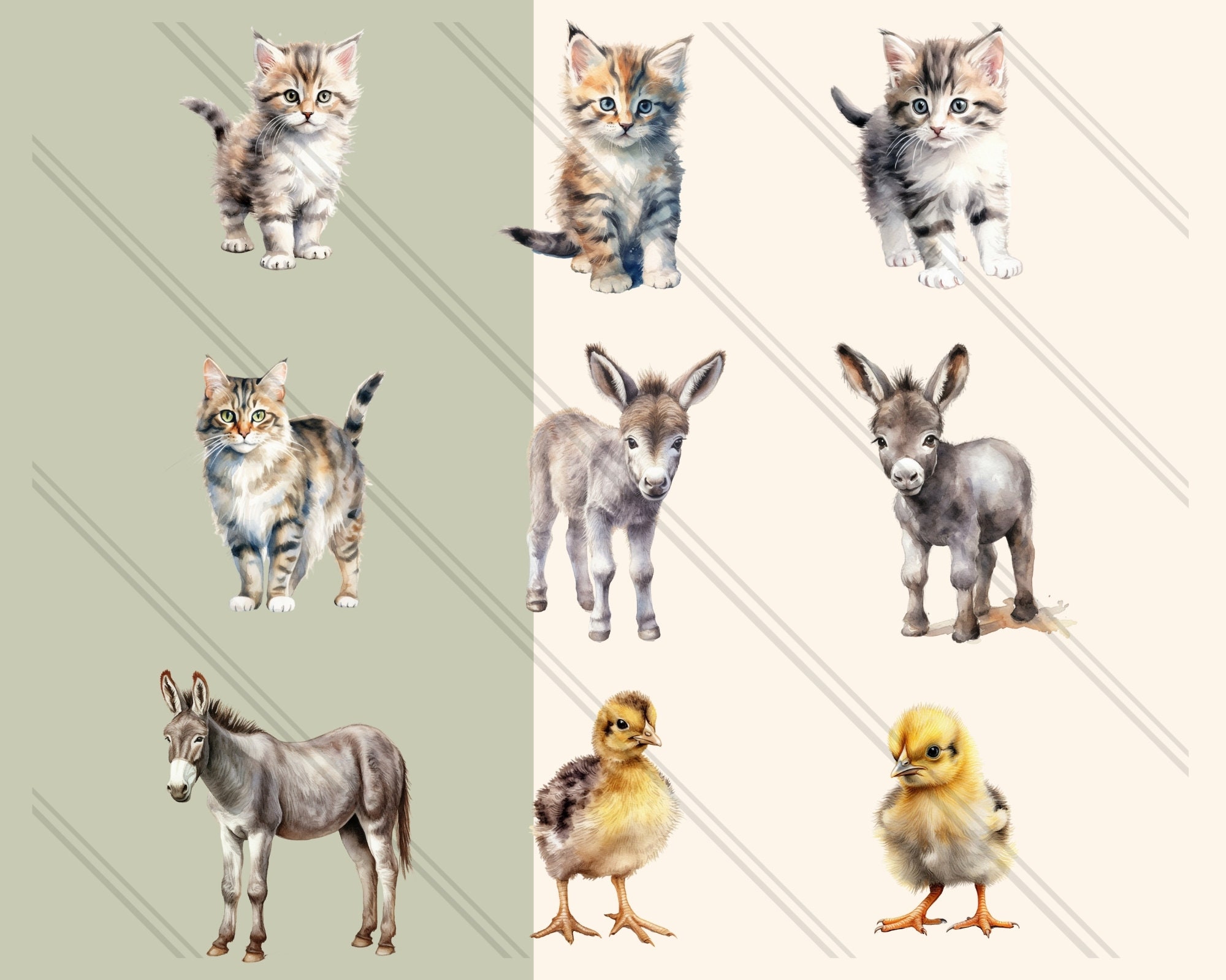 52 Watercolor Farm Animal Clipart - Cute Chickens, Chicks, Horses, Cows ...