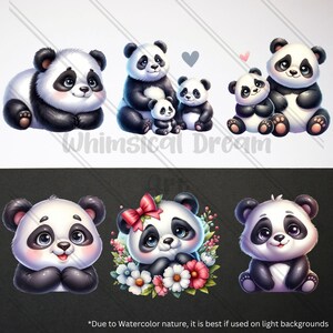 May include: A collection of adorable panda bear illustrations. The pandas are depicted in various poses, some with families, and one with a bow and flowers. The image includes the text "Whimsical Dream" and a note about watercolor use.