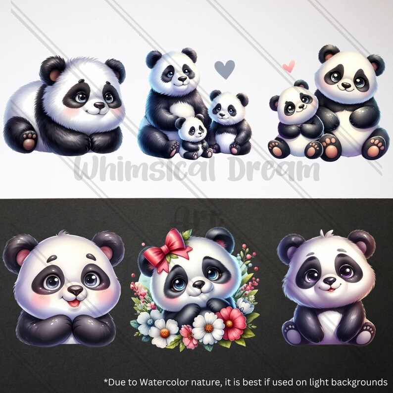 May include: A collection of adorable panda bear illustrations. The pandas are depicted in various poses, some with families, and one with a bow and flowers. The image includes the text "Whimsical Dream" and a note about watercolor use.
