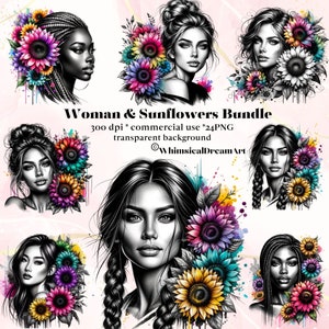 24 mulheres e girassóis pacote aquarela, linda senhora PNG clipart, preto, hispânico, asiático, nativo, afro PNG, flor abstrata, amor próprio