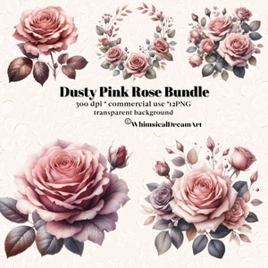 12 Aquarell Dusty Pink Rose Sammlung Clipart, Dusty Rose & Blush Clipart, Hochzeit Blumen Clipart, Blumenrahmen PNG, kommerzielle Nutzung