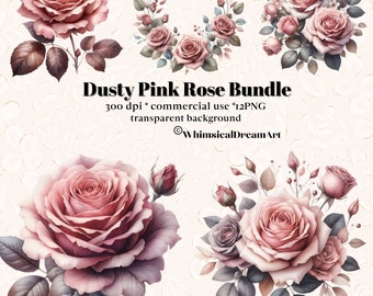 12 Watercolor Dusty Pink Rose Collection Clipart, Dusty Rose & Blush Clipart, Wedding Floral Clipart, Flower Borders PNG, Commercial Use
