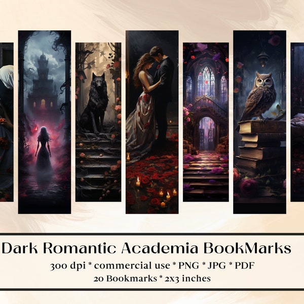20 Romantic Dark Academia Bookmark Designs, Printable Bookmarks digital download, Sublimate, print and cut, Bundle, Library, Magical, Flower