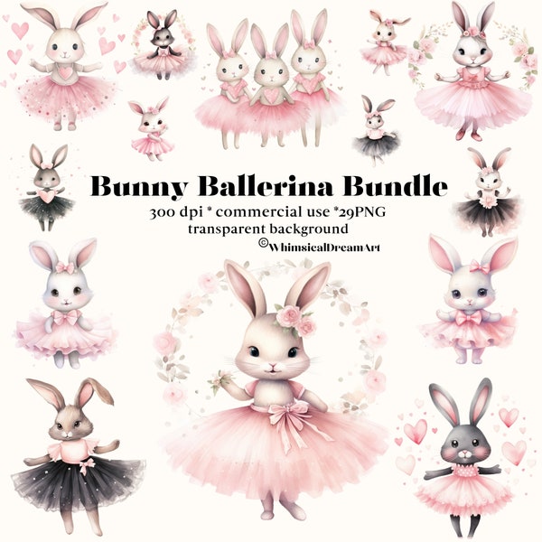 29 Watercolor Ballerina Bunny Clipart, Ballet Bunnies in Tutu Dress, Dancing Floral Baby Rabbit Png, Pastel Ribbon, Nursery Digital Clip