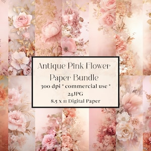 May include: A digital paper pack with 24 floral designs featuring antique pink flowers. The designs are 8.5 inches by 11 inches and 300 dpi. The text "Antique Pink Flower Paper Bundle 300 dpi * commercial use * 24 JPG 8.5 x 11 Digital Paper" is included in the image.