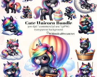 May include: A digital clipart bundle of 12 cute black unicorn illustrations with rainbow manes and tails. The unicorns are in various poses, including reading a book, riding in a hot air balloon, and swinging on a swing. The text "Cute Unicorn Bundle 300 dpi * commercial use * 32PNG transparent background ©WhimsicalDreamArt" is included in the image.