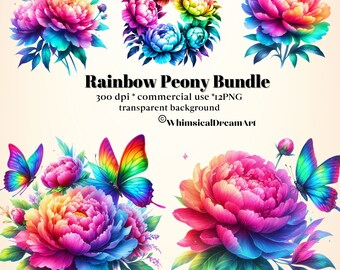 12 Watercolor Rainbow Peony Clipart, Summer Flower PNG (Commercial Use)