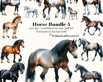 60 頭の馬の PNG コレクション、馬のクリップアート セット、水彩画の赤ちゃん馬の昇華デザイン、西部のクリップアート、農場の動物の PNG、クリップアート バンドル