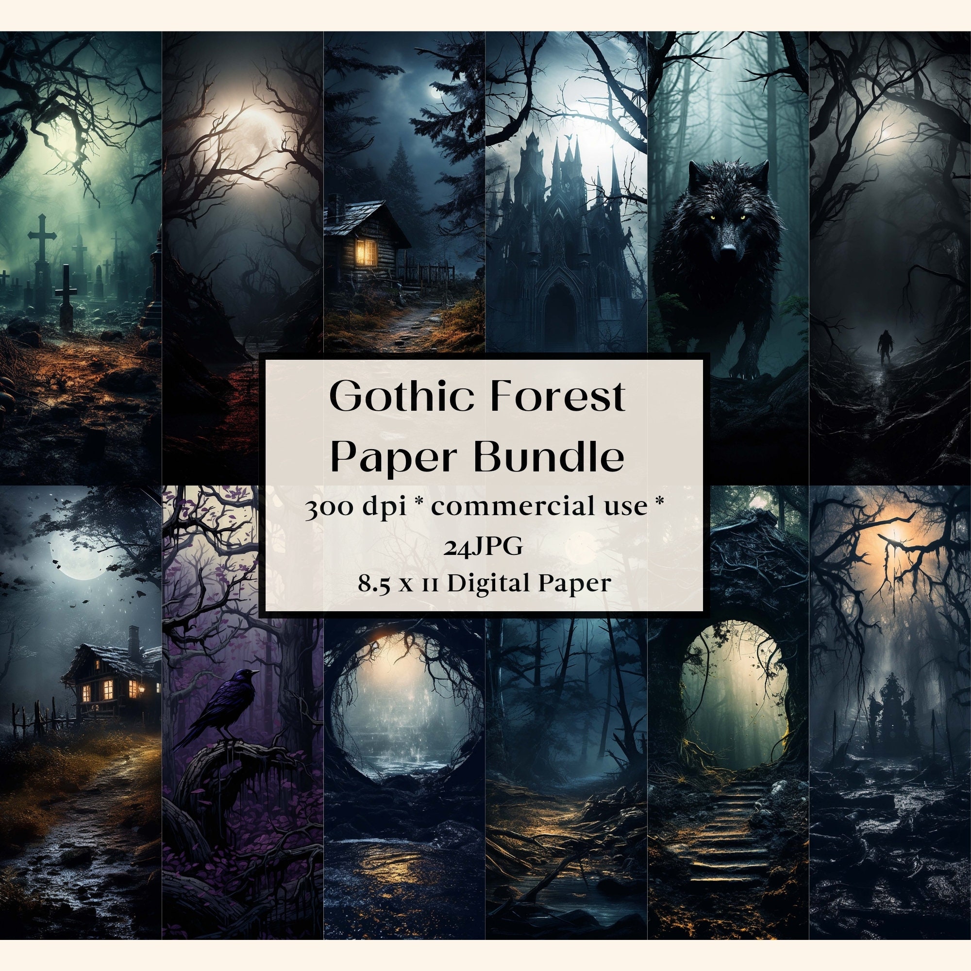 24 Gothic Forest Landscape Digital Paper, Enchanted Dark Forest ...