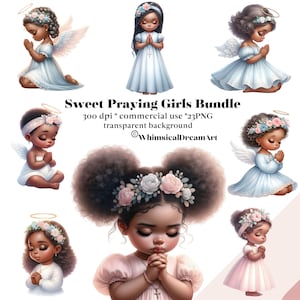 Puede incluir: Un paquete de arte digital con ilustraciones de dulces niñas rezando. Cada niña está representada con alas de ángel, halos y adornos florales. Las niñas visten vestidos en tonos blancos y rosas. El texto dice "Sweet Praying Girls Bundle".