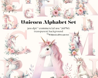 Pink Unicorn Clipart Decorative Letters, Uppercase Alphabet Set, Clipart Png Sublimation Personalization Cards Art Mugs Kids Invitations
