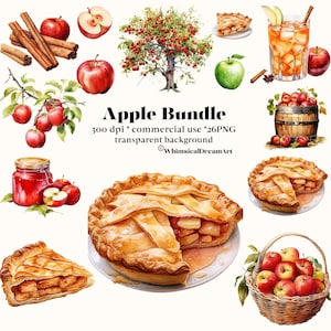 26 Pacote de clipart de maçã em aquarela, sobremesas de maçã, clipart de verão, clipart de torta de maçã, árvores de maçã PNG, uso comercial, download instantâneo