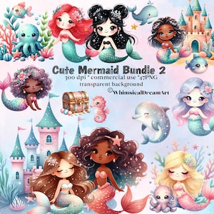 47 clipart aquarelle sirène mignon paillettes, dauphin, aquarelle sirène mignonne png, animaux marins mignons PNG, méduse, hippocampe, château
