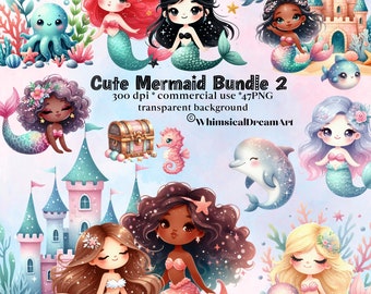 Könnte beinhalten: Ein digitales Clipart-Paket mit 10 niedlichen Meerjungfrauen-Illustrationen. Die Meerjungfrauen sind im Cartoon-Stil mit leuchtenden Farben und Glitzer-Akzenten gezeichnet. Das Paket enthält eine Vielzahl von Meerjungfrauen mit verschiedenen Haarfarben, Hauttönen und Schwanzdesigns. Das Paket enthält auch eine Vielzahl von Meeresbewohnern, wie ein Seepferdchen, ein Tintenfisch und ein Delfin. Der Text "Cute Mermaid Bundle 2" ist im Bild enthalten.