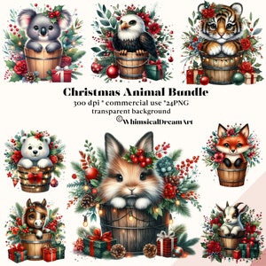 24 kerst dieren clipartbundel, schattige dieren in emmer set, kerst clipart png, grappige babydieren, kerstkaarten, sublimatie