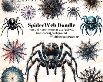 May include: A digital illustration bundle of 28 spider web and spider images. The images are in PNG format with a transparent background. The images are 300 dpi and are for commercial use. The text "Spider Web Bundle" is in the center of the image. The text "300 dpi * commercial use * 28PNG transparent background" is below the title. The text "WhimsicalDreamArt" is below the description.