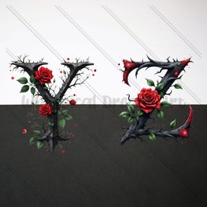 Dark Fantasy Rose Alphabet Clipart, Gothic Floral Letters A to Z Monogram Romantic Botanical Letters Stickers Wedding,Uppercase Alphabet Set image 6
