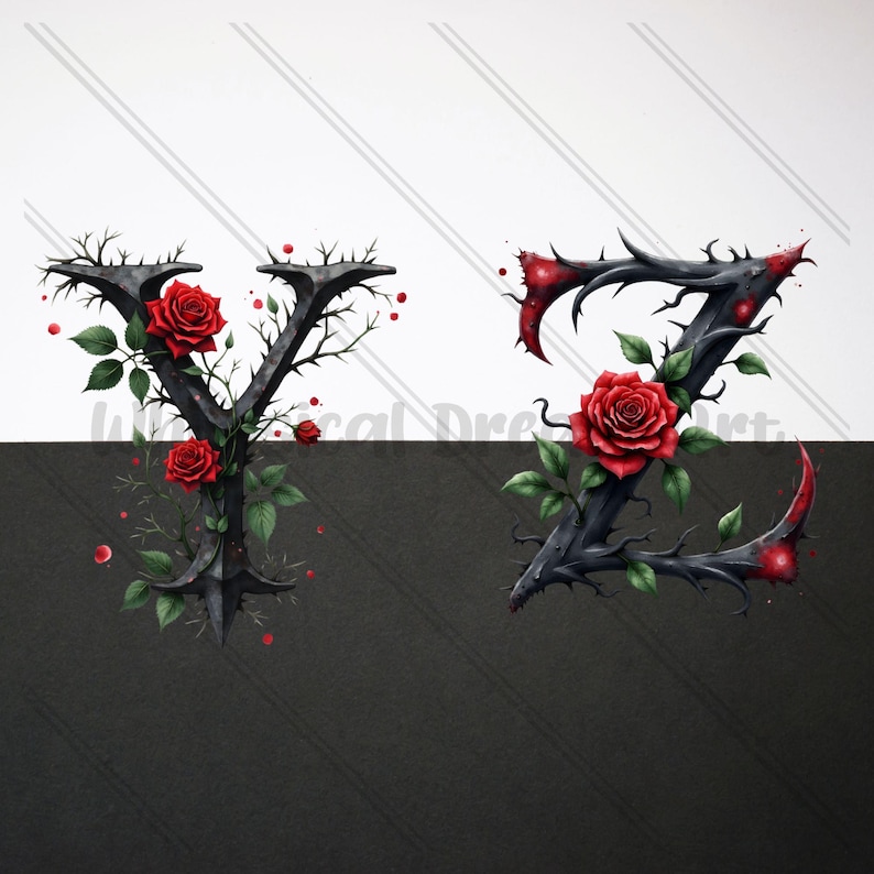 Dark Fantasy Rose Alphabet Clipart, Gothic Floral Letters A to Z Monogram Romantic Botanical Letters Stickers Wedding,Uppercase Alphabet Set image 6