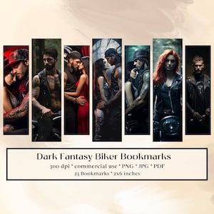 23 Romantische Dark Fantasy Biker Lesezeichen Designs, druckbare Lesezeichen digitaler Download, Sublimieren, drucken und schneiden, Bündel, Bibliothek, Magisch