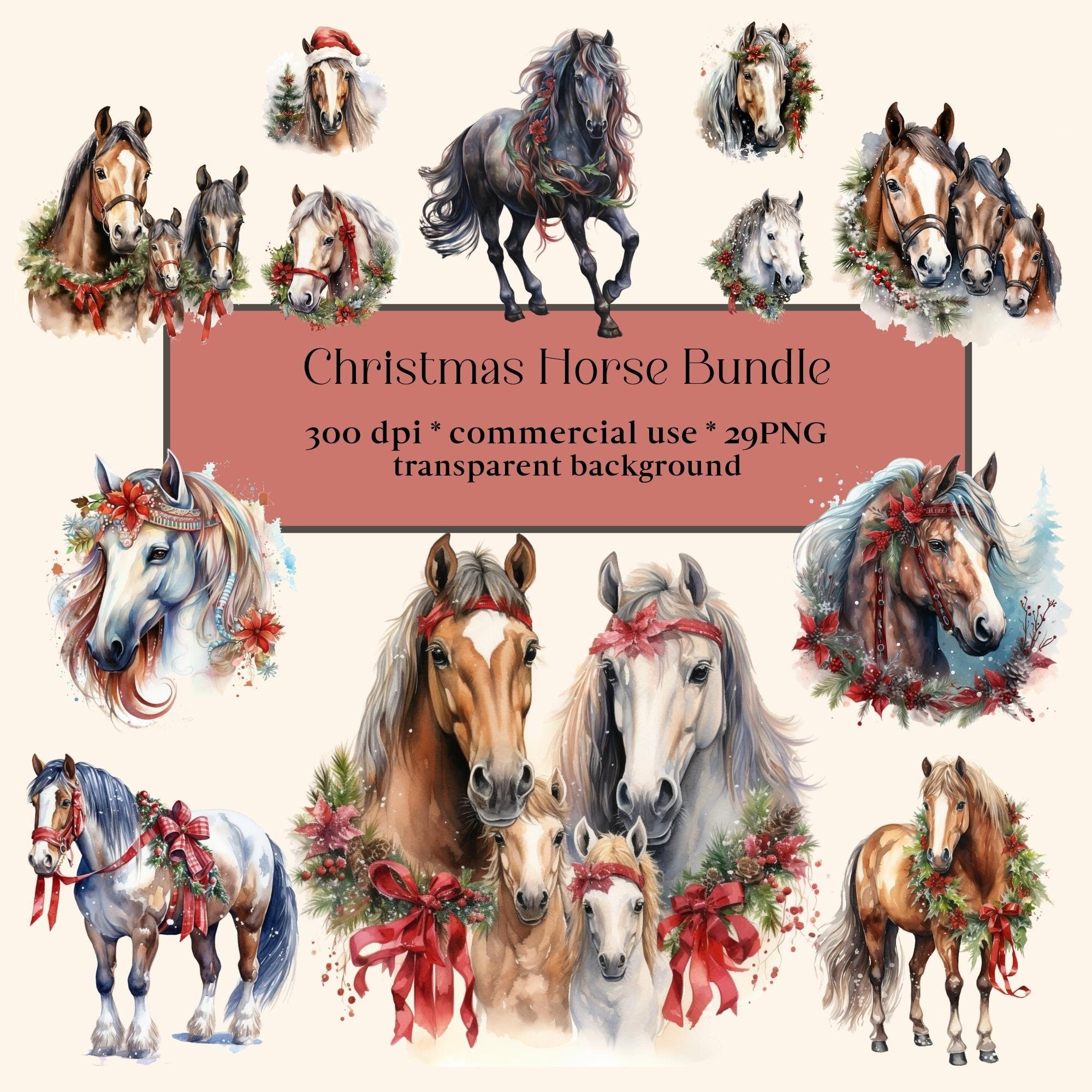 29 Christmas Horse PNG Collection, Clipart Set, Watercolor Sublimation ...