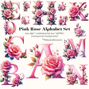 Letras decorativas de imágenes prediseñadas de rosa rosa, conjunto de alfabetos en mayúsculas, alfabeto floral de acuarela, monograma de letras florales, inicial floral, png floral