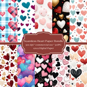 Può includere: Un pacchetto di carta digitale con 12 motivi di cuori senza cuciture. I motivi presentano vari colori, stili e design, tra cui quadri, pois, acquerello e cuori disegnati a mano. Il testo "Seamless Heart Paper Bundle" è visualizzato su uno stendardo marrone.
