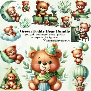 30 cliparts aquarelle vert ours en peluche, clipart neutre baby shower, ours en peluche endormis PNG, ours en peluche vintage, clipart mignon nounours, Boho