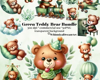 May include: A digital clipart bundle of 10 green and brown teddy bears in various poses. The bears are wearing clothes and accessories, such as a scarf, a party hat, and a book. The bears are surrounded by green leaves and other nature-themed elements. The text "Green Teddy Bear Bundle" is at the top of the image.