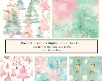 23 Preppy Pink & Mint Christmas Digital Paper Bundle, 12 Seamless Holiday Backgrounds, Pastel Christmas Scrapbook Paper, Commercial Use