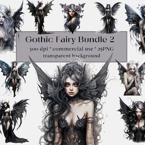 25 Clipart fée gothique aquarelle PNG | Lot de cliparts de belles fées | Clipart fées aquarelle | Fées PNG | Magie des fées sombres