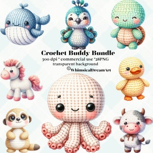 28 Aquarela Crochet Buddy Animal Clipart Pacote PNG, Bebê Animal, Festa de Aniversário de Menina, Fundo Transparente, Download Digital, amigurumi