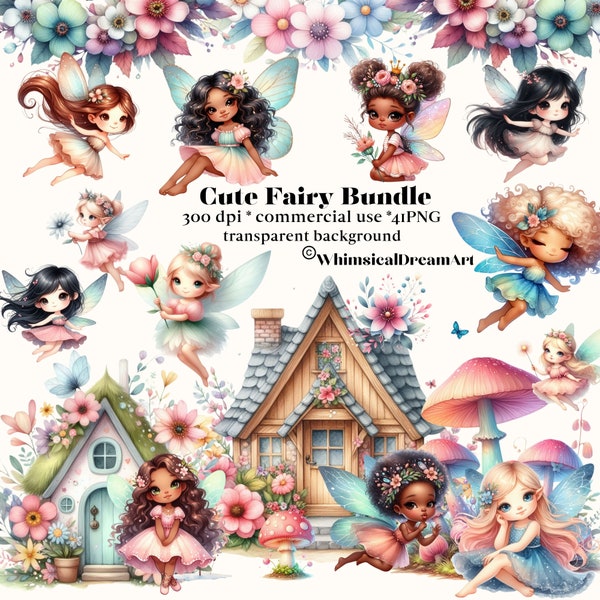 41 Cute Fairy Garden Watercolor Clipart, Fairies PNG Clipart, Floral Designs, Flowers PNG, Fairy house clipart, Beautiful Fae, Elves, Magic