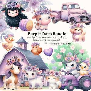 45 Aquarell lila Bauernhof Tier Clipart - niedliche Hühner, Küken, Pferde, Kuh, Scheune, Traktor, LKW, Baby Tiere PNG Bundle, kommerzielle Nutzung