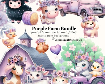 45 Watercolor Purple Farm Animal Clipart - cute chickens, chicks, horses, cow, Barn, Tractor, Truck, Baby Animals PNG Bundle, commercial use