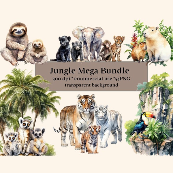 54 Dschungel Tiere Clipart Aquarell Bundle, Dschungel Safari PNG, afrikanische Tiere Wild Life ClipArt, Safari Sublimation Digital, Faultier, Tiger